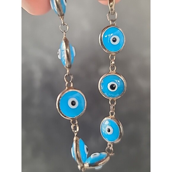 925 Sterling Silver Evil Eye Beaded Blue Glass Bracelet Vintage - Picture 6 of 10